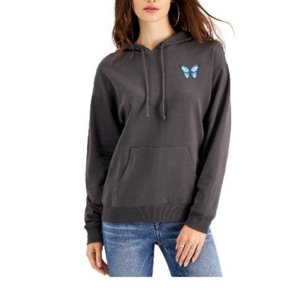 New Rebellious One Juniors Long-Sleeve Hooded Rose Sweatshirt X-Small charcoal - Picture 3 of 6